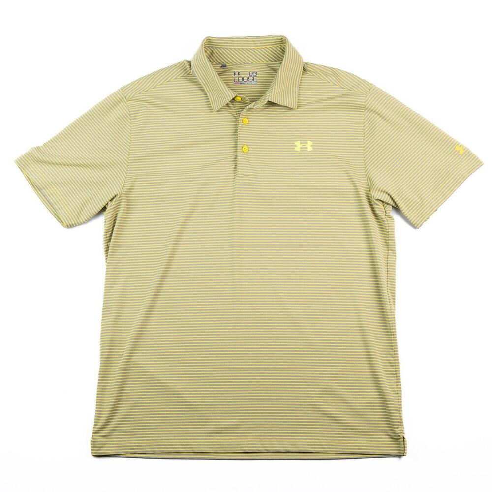 Under Armour Polo Shirt Mens Large Yellow Gray Stripe HeatGear Golf Casual
